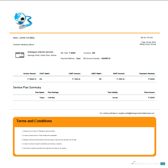 download download India Waheguru Telecom utility bill template in Word and PDF formats PDF template PDF template